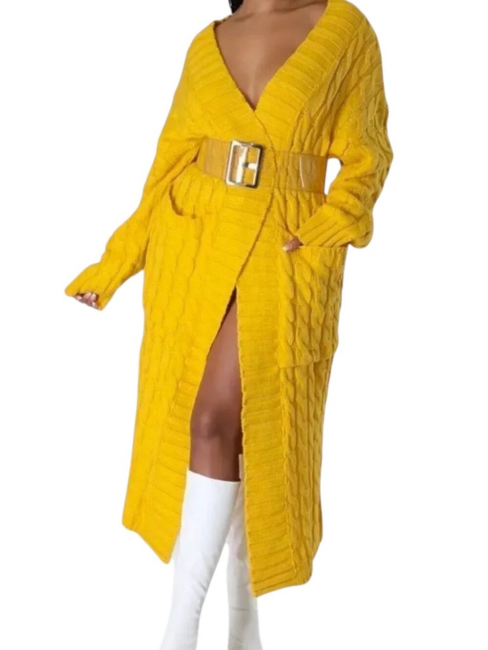  Yellow Cable Knit Open Front Maxi Cardigan Jacket NEW